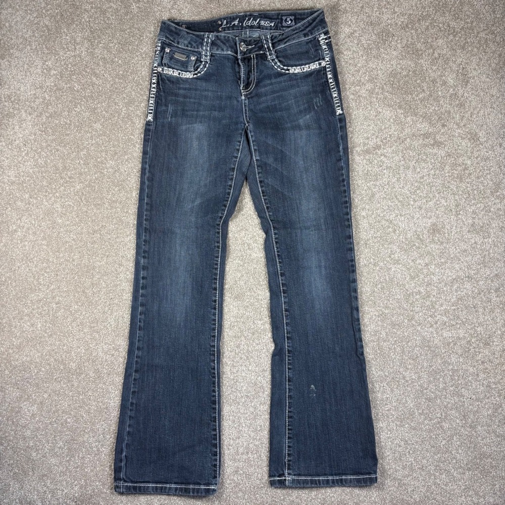 LA Idol USA Women Dark Wash Rhinestone Crown Bootcut Jeans Size 5 W29 L32